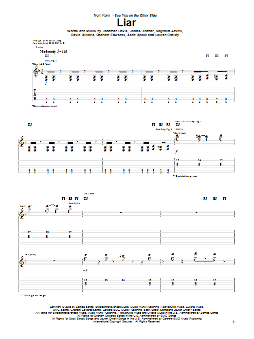 Learn to play Korn Liar sheet music for Guitar Tab in minutes. Price: 7.8900$ Korn Liar sheet music notes and chords arranged for Guitar Tab