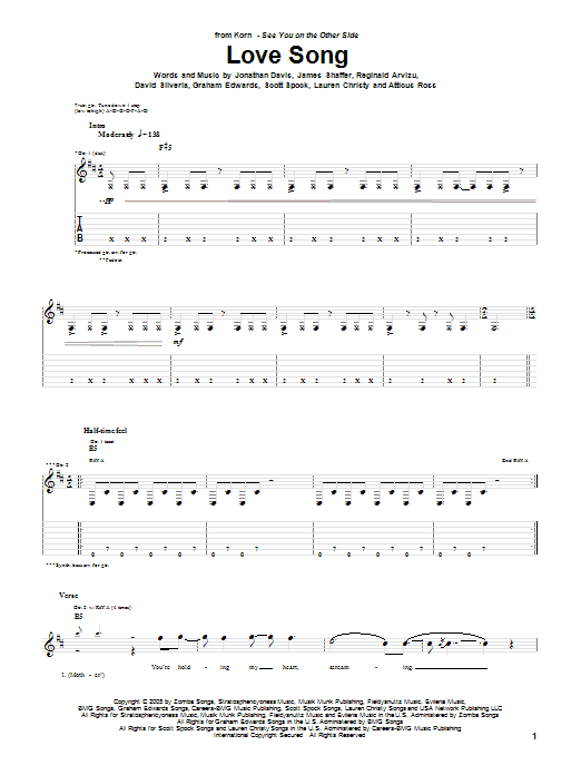 Learn to play Korn Love Song sheet music for Guitar Tab in minutes. Price: 7.8900$ Korn Love Song sheet music notes and chords arranged for Guitar Tab