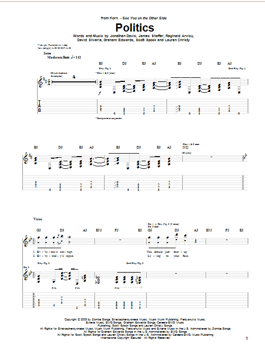 Learn to play Korn Politics sheet music for Guitar Tab in minutes. Price: 7.8900$ Korn Politics sheet music notes and chords arranged for Guitar Tab