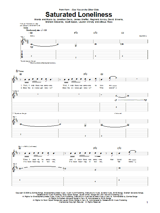 Learn to play Korn Saturated Loneliness sheet music for Guitar Tab in minutes. Price: 7.8900$ Korn Saturated Loneliness sheet music notes and chords arranged for Guitar Tab