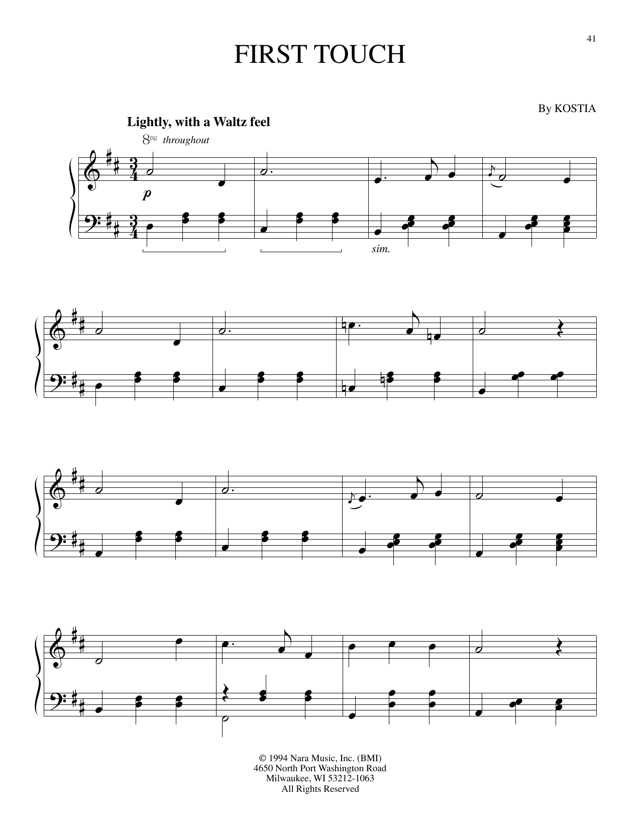 Learn to play Kostia First Touch sheet music for Piano Solo in minutes. Price: 7.8900$ Kostia First Touch sheet music notes and chords arranged for Piano Solo