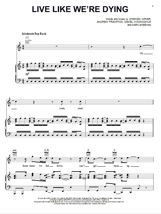 Learn to play Kris Allen Live Like We're Dying sheet music for Piano, Vocal & Guitar Chords (Right-Hand Melody) in minutes. Price: 7.8900$ Kris Allen Live Like We're Dying sheet music notes and chords arranged for Piano, Vocal & Guitar Chords (Right-Hand Melody)