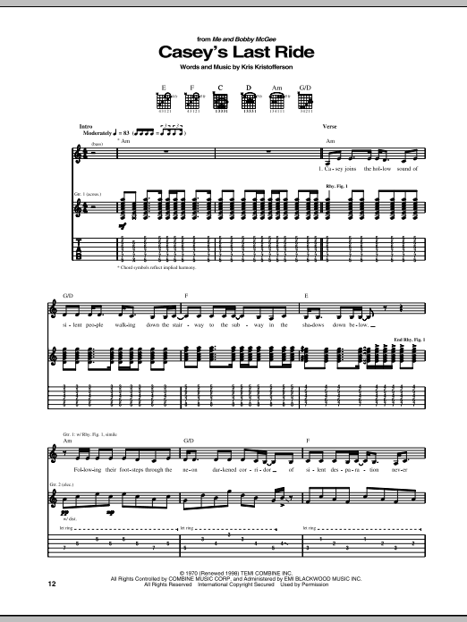 Learn to play Kris Kristofferson Casey's Last Ride sheet music for Guitar Tab in minutes. Price: 6.9900$ Kris Kristofferson Casey's Last Ride sheet music notes and chords arranged for Guitar Tab