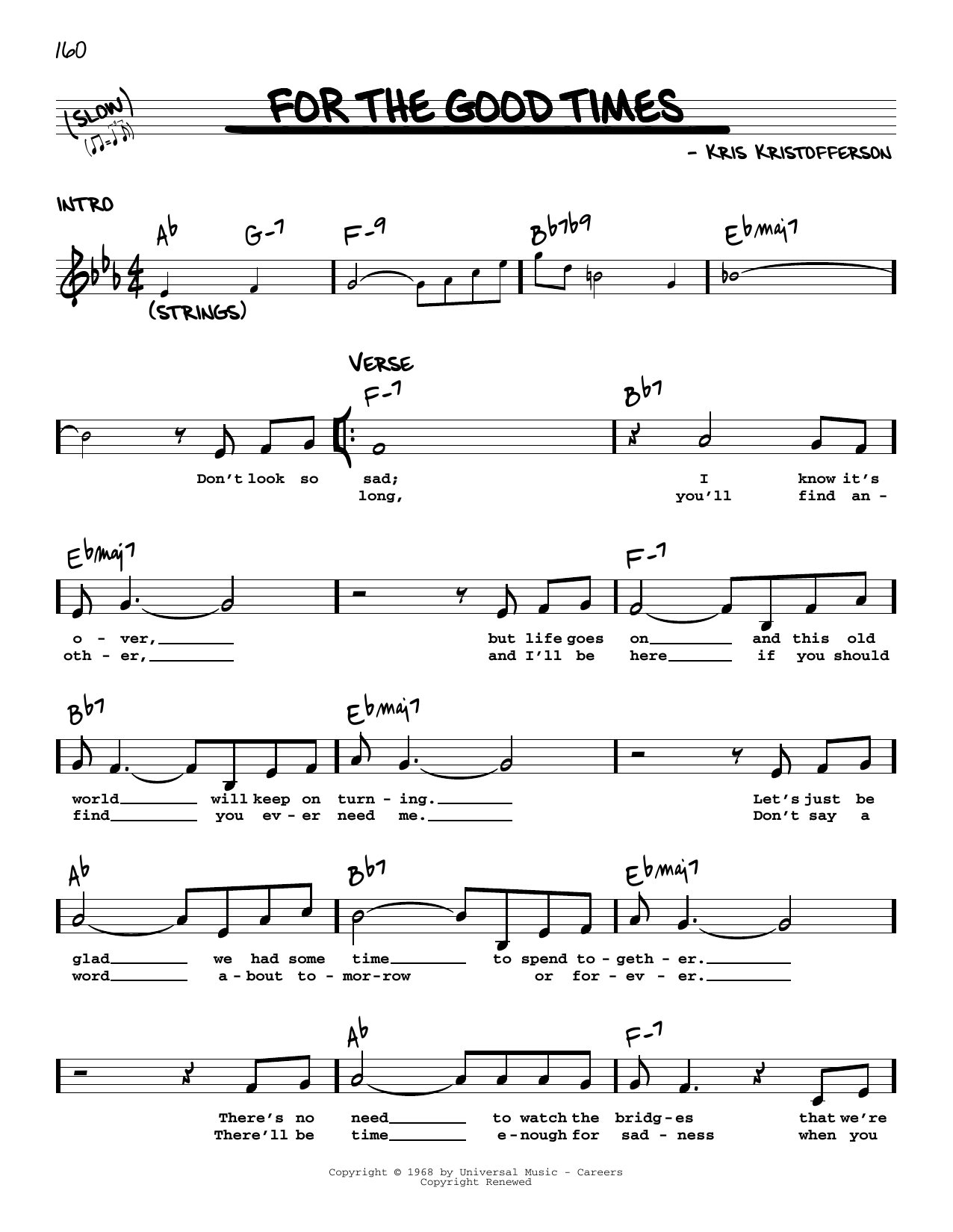 Kris Kristofferson For The Good Times sheet music notes and chords. Download Printable PDF.