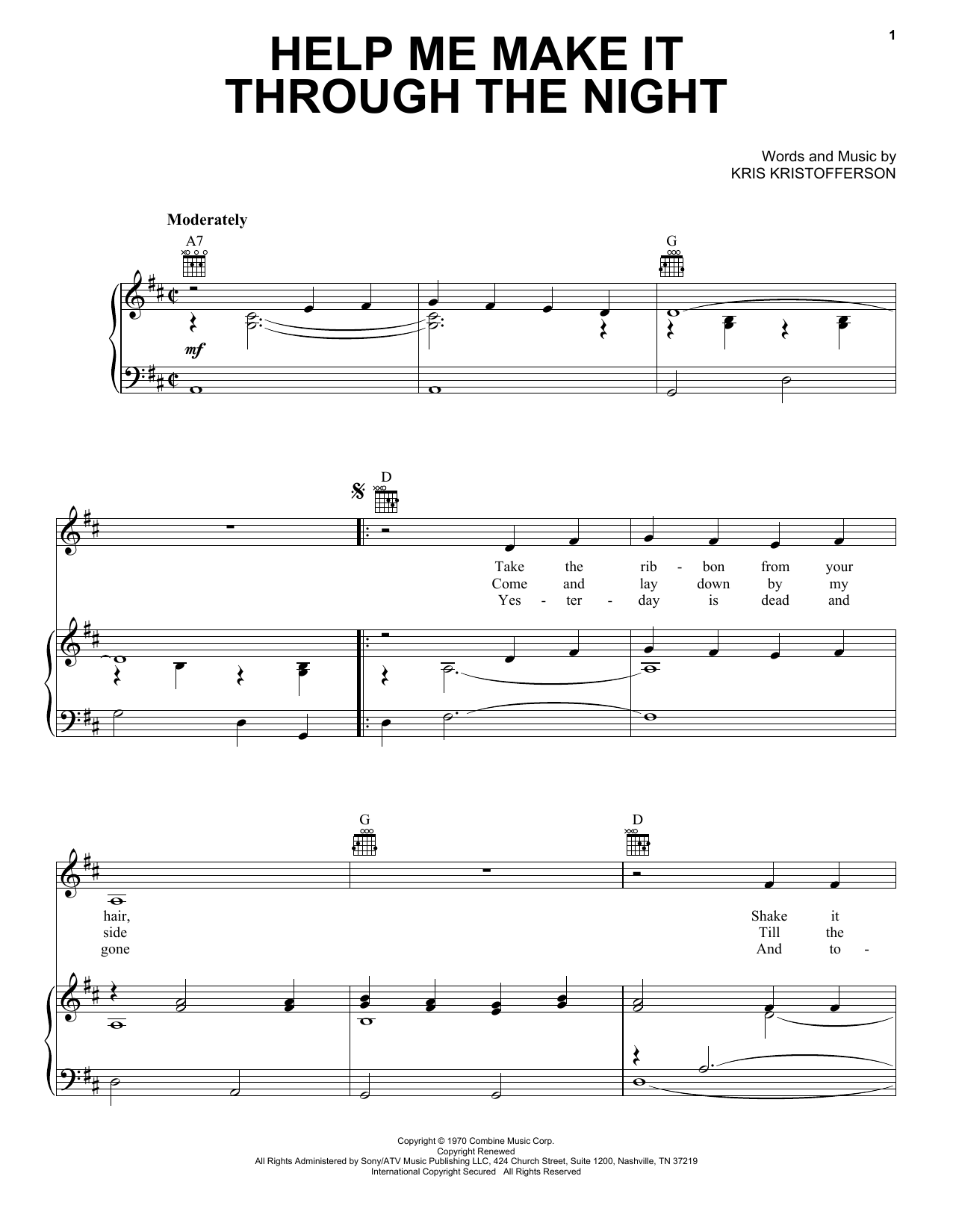 Kris Kristofferson Help Me Make It Through The Night sheet music notes and chords. Download Printable PDF.