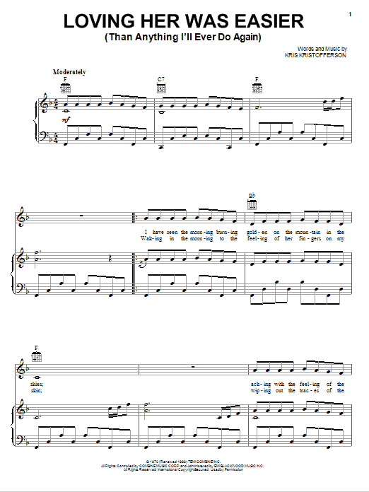Learn to play Kris Kristofferson Loving Her Was Easier (Than Anything I'll Ever Do Again) sheet music for Piano, Vocal & Guitar Chords (Right-Hand Melody) in minutes. Price: 7.8900$ Kris Kristofferson Loving Her Was Easier (Than Anything I'll Ever Do Again) sheet music notes and chords arranged for Piano, Vocal & Guitar Chords (Right-Hand Melody)