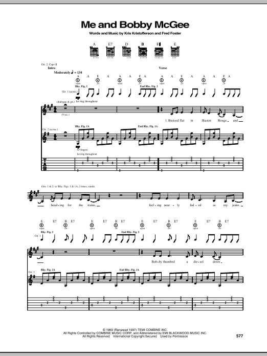 Kris Kristofferson Me And Bobby McGee sheet music notes and chords. Download Printable PDF.