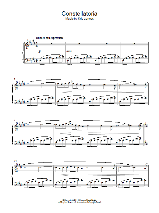 Learn to play Kris Lennox Constellatoria sheet music for Piano Solo in minutes. Price: 7.8900$ Kris Lennox Constellatoria sheet music notes and chords arranged for Piano Solo