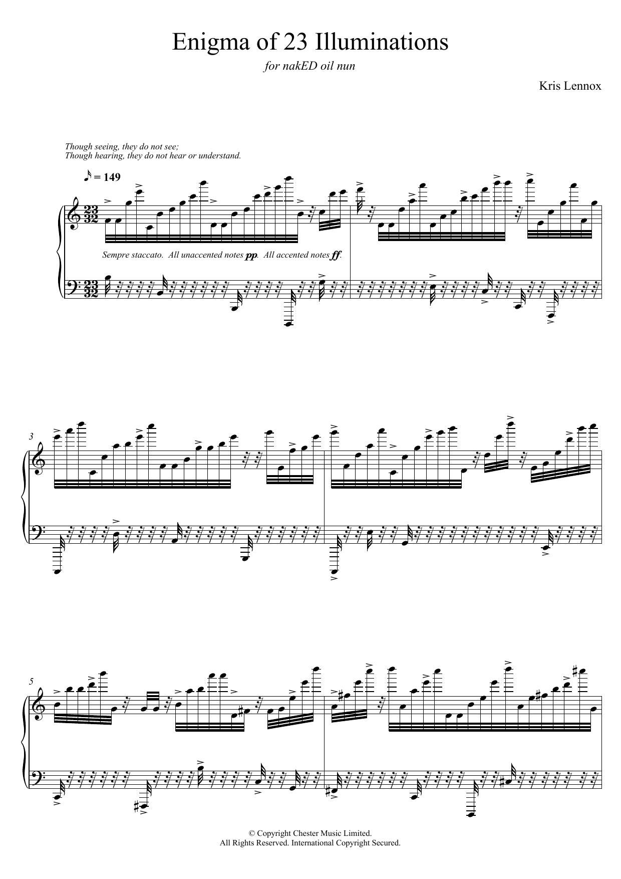 Learn to play Kris Lennox Enigma of 23 Illuminations sheet music for Piano Solo in minutes. Price: 7.8900$ Kris Lennox Enigma of 23 Illuminations sheet music notes and chords arranged for Piano Solo