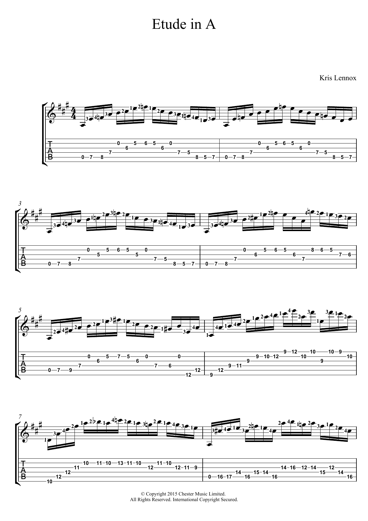 Learn to play Kris Lennox Etude In A sheet music for Guitar Tab in minutes. Price: 7.8900$ Kris Lennox Etude In A sheet music notes and chords arranged for Guitar Tab
