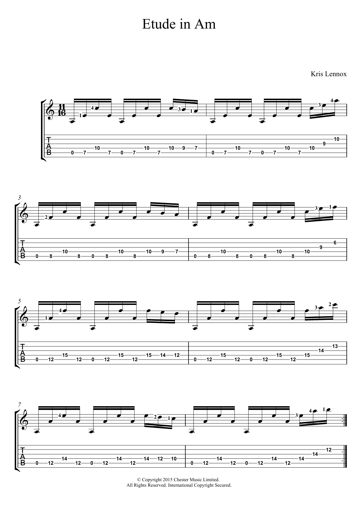Learn to play Kris Lennox Etude In Am sheet music for Guitar Tab in minutes. Price: 7.8900$ Kris Lennox Etude In Am sheet music notes and chords arranged for Guitar Tab