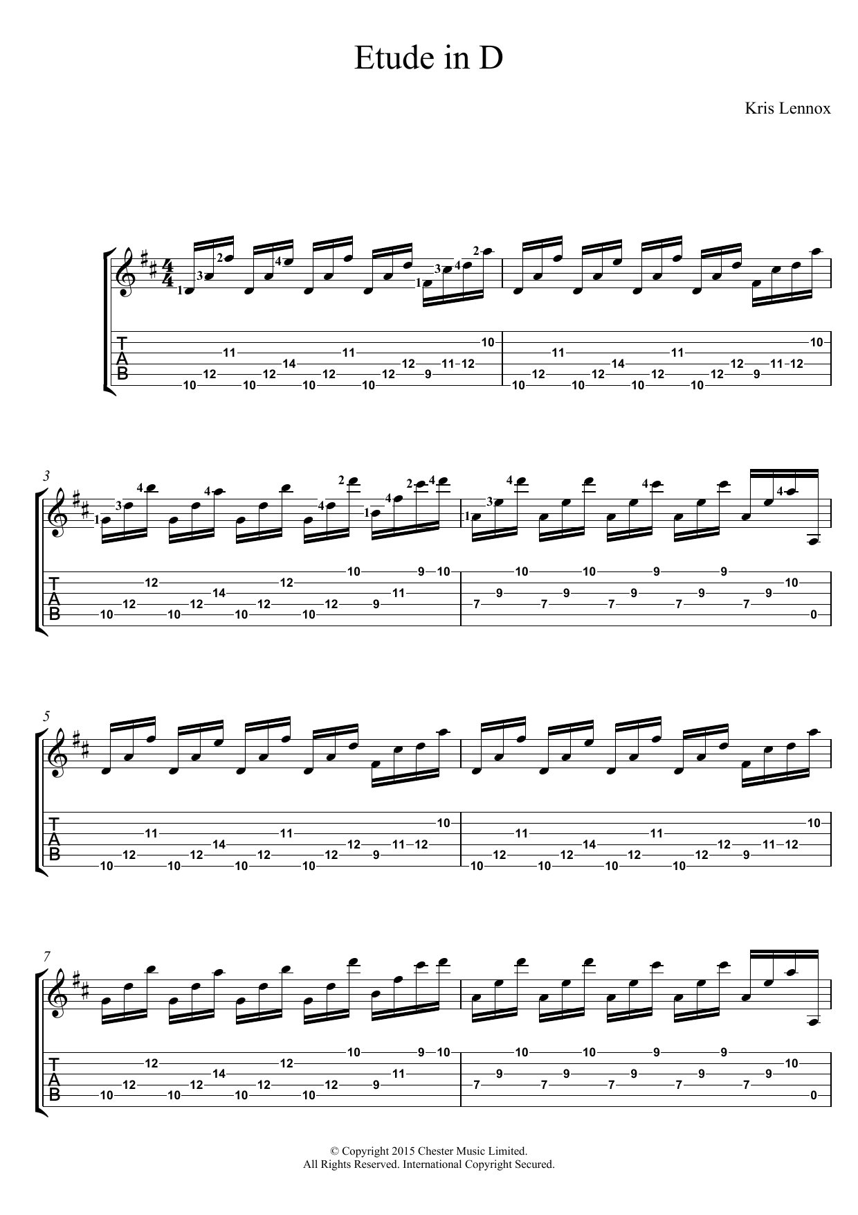 Learn to play Kris Lennox Etude In D sheet music for Guitar Tab in minutes. Price: 7.8900$ Kris Lennox Etude In D sheet music notes and chords arranged for Guitar Tab