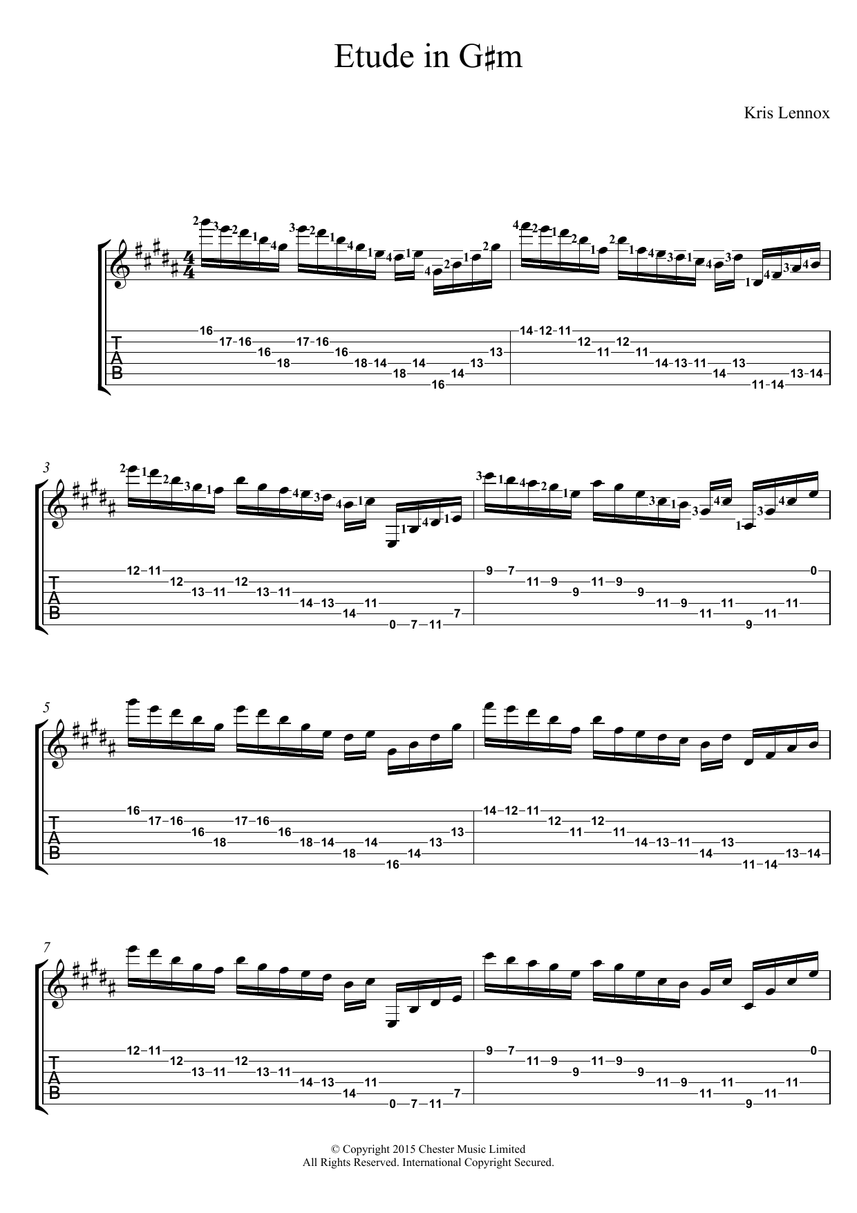 Learn to play Kris Lennox Etude In G#m sheet music for Guitar Tab in minutes. Price: 7.8900$ Kris Lennox Etude In G#m sheet music notes and chords arranged for Guitar Tab