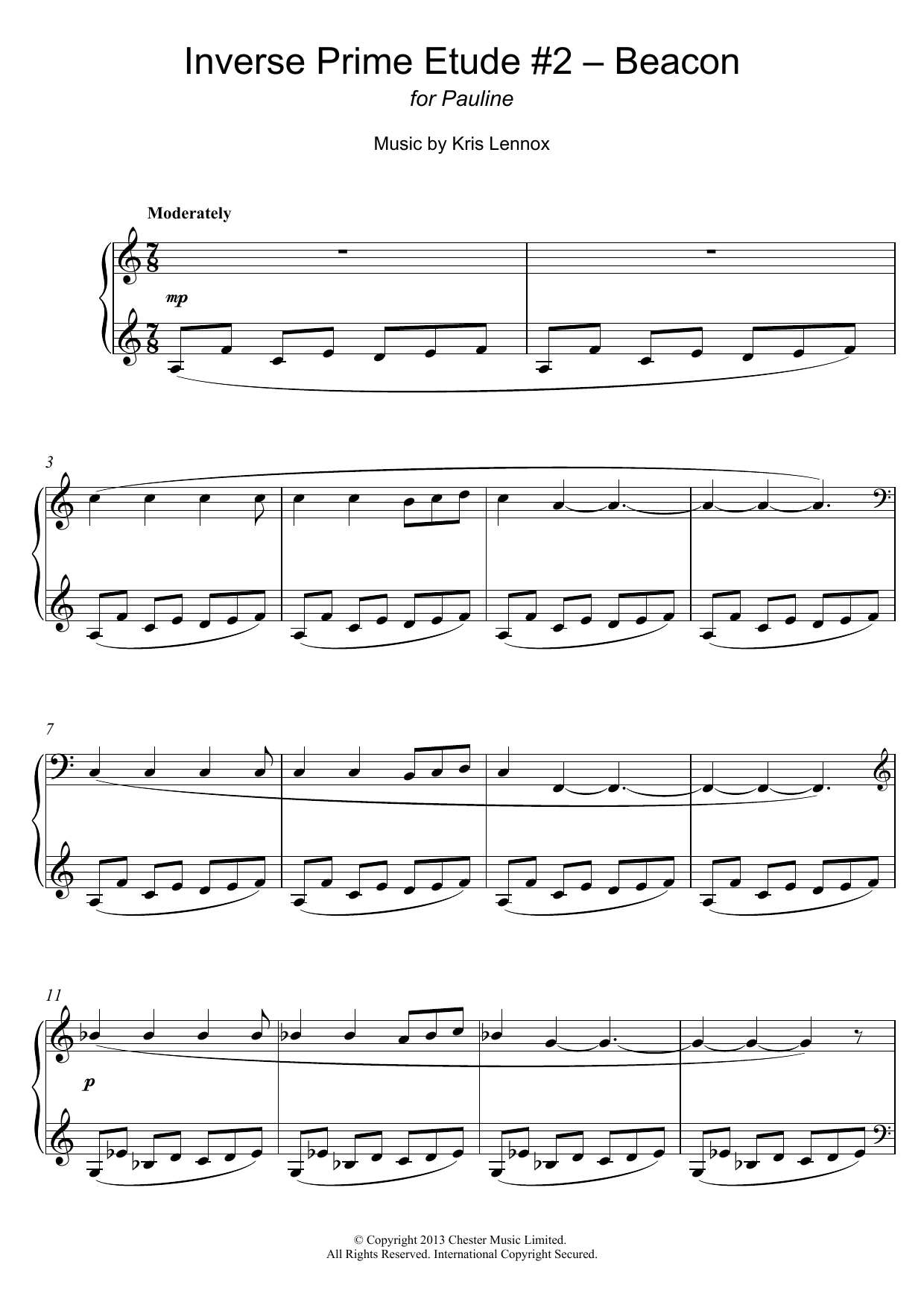 Learn to play Kris Lennox Inverse Prime Etude #2 – Beacon sheet music for Piano Solo in minutes. Price: 7.8900$ Kris Lennox Inverse Prime Etude #2 – Beacon sheet music notes and chords arranged for Piano Solo