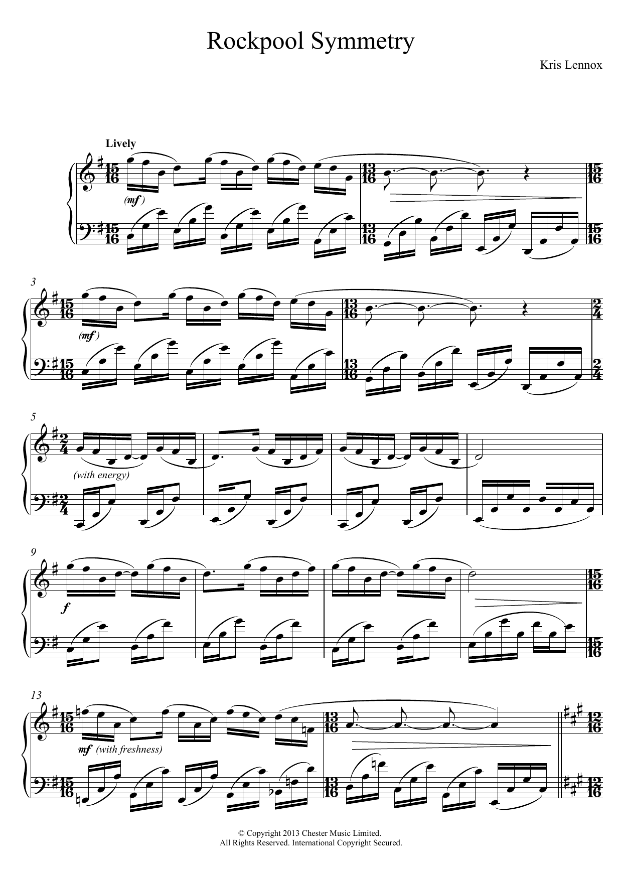 Learn to play Kris Lennox Rockpool Symmetry sheet music for Piano Solo in minutes. Price: 7.8900$ Kris Lennox Rockpool Symmetry sheet music notes and chords arranged for Piano Solo