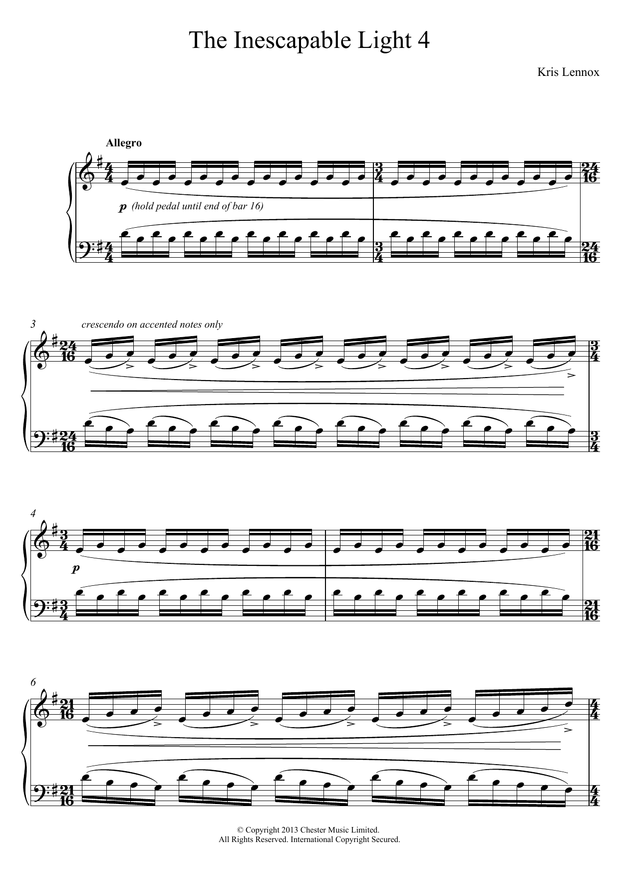 Learn to play Kris Lennox The Inescapable Light #4 sheet music for Piano Solo in minutes. Price: 7.8900$ Kris Lennox The Inescapable Light #4 sheet music notes and chords arranged for Piano Solo