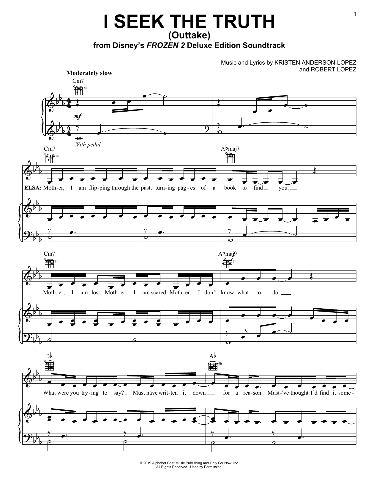 Learn to play Kristen Anderson-Lopez & Patti Murin I Seek The Truth - Outtake (from Disney's Frozen 2) sheet music for Piano, Vocal & Guitar Chords (Right-Hand Melody) in minutes. Price: 6.9900$ Kristen Anderson-Lopez & Patti Murin I Seek The Truth - Outtake (from Disney's Frozen 2) sheet music notes and chords arranged for Piano, Vocal & Guitar Chords (Right-Hand Melody)