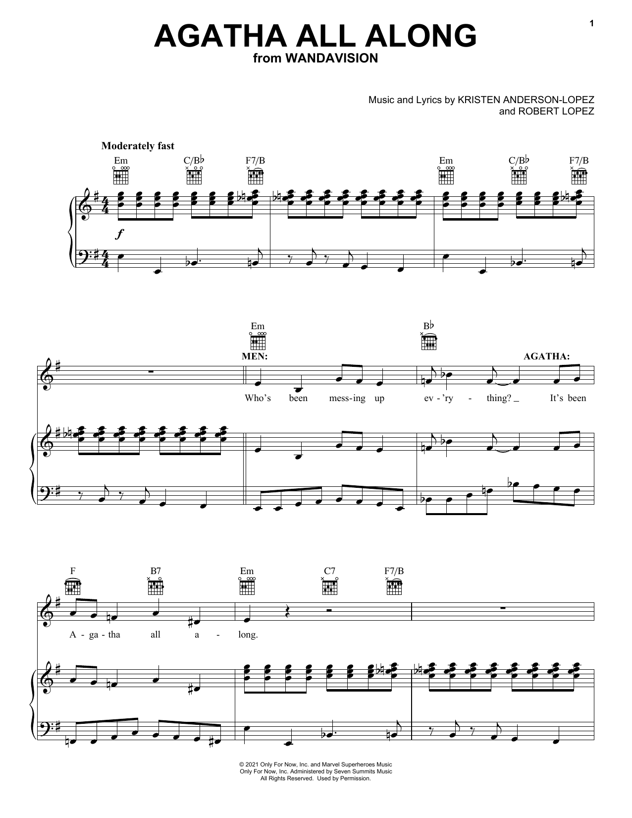 Kristen Anderson-Lopez & Robert Lopez Agatha All Along (from WandaVision) sheet music notes and chords. Download Printable PDF.