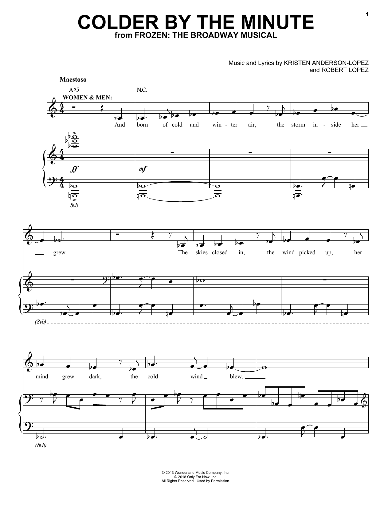 Learn to play Kristen Anderson-Lopez & Robert Lopez Colder By The Minute (from Frozen: The Broadway Musical) sheet music for Piano, Vocal & Guitar Chords (Right-Hand Melody) in minutes. Price: 7.8900$ Kristen Anderson-Lopez & Robert Lopez Colder By The Minute (from Frozen: The Broadway Musical) sheet music notes and chords arranged for Piano, Vocal & Guitar Chords (Right-Hand Melody)