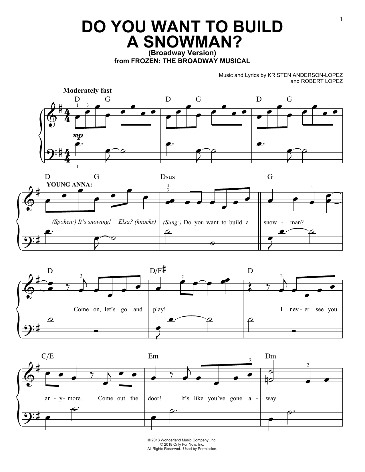 Kristen Anderson-Lopez & Robert Lopez Do You Want To Build A Snowman? (from Frozen: The Broadway Musical) sheet music notes and chords. Download Printable PDF.