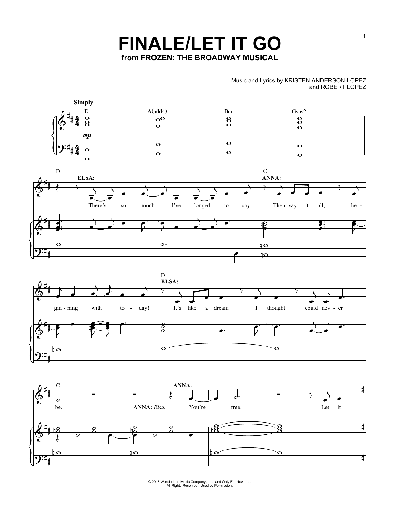 Kristen Anderson-Lopez & Robert Lopez Finale / Let It Go (from Frozen: The Broadway Musical) sheet music notes and chords. Download Printable PDF.