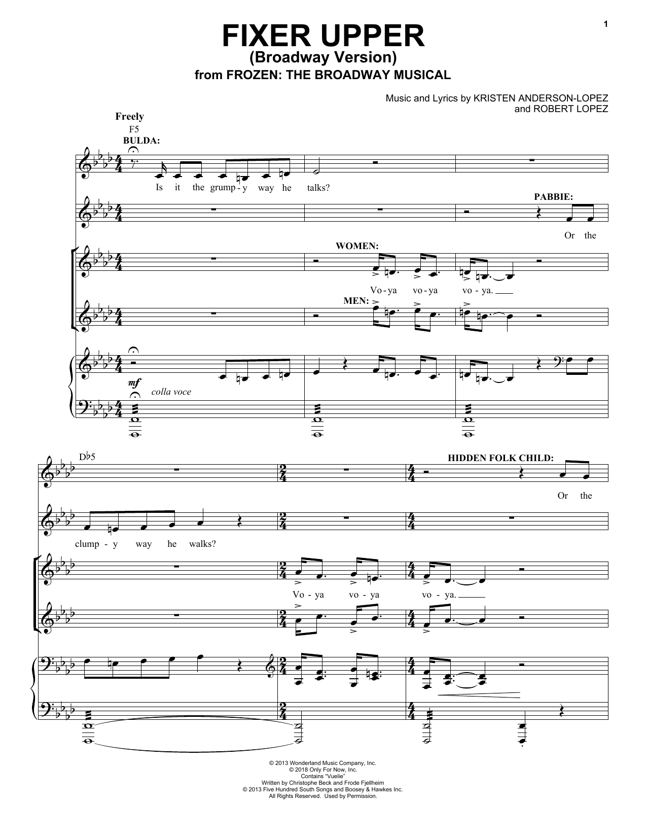 Learn to play Kristen Anderson-Lopez & Robert Lopez Fixer Upper (from Frozen: The Broadway Musical) sheet music for Piano & Vocal in minutes. Price: 7.8900$ Kristen Anderson-Lopez & Robert Lopez Fixer Upper (from Frozen: The Broadway Musical) sheet music notes and chords arranged for Piano & Vocal