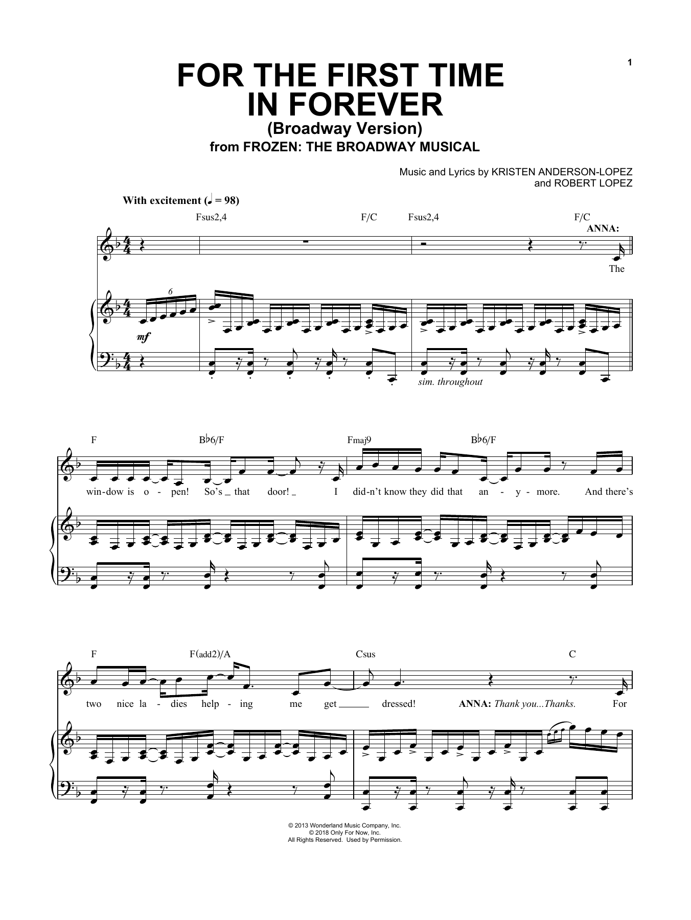 Kristen Anderson-Lopez & Robert Lopez For The First Time In Forever (Broadway Version) sheet music notes and chords. Download Printable PDF.