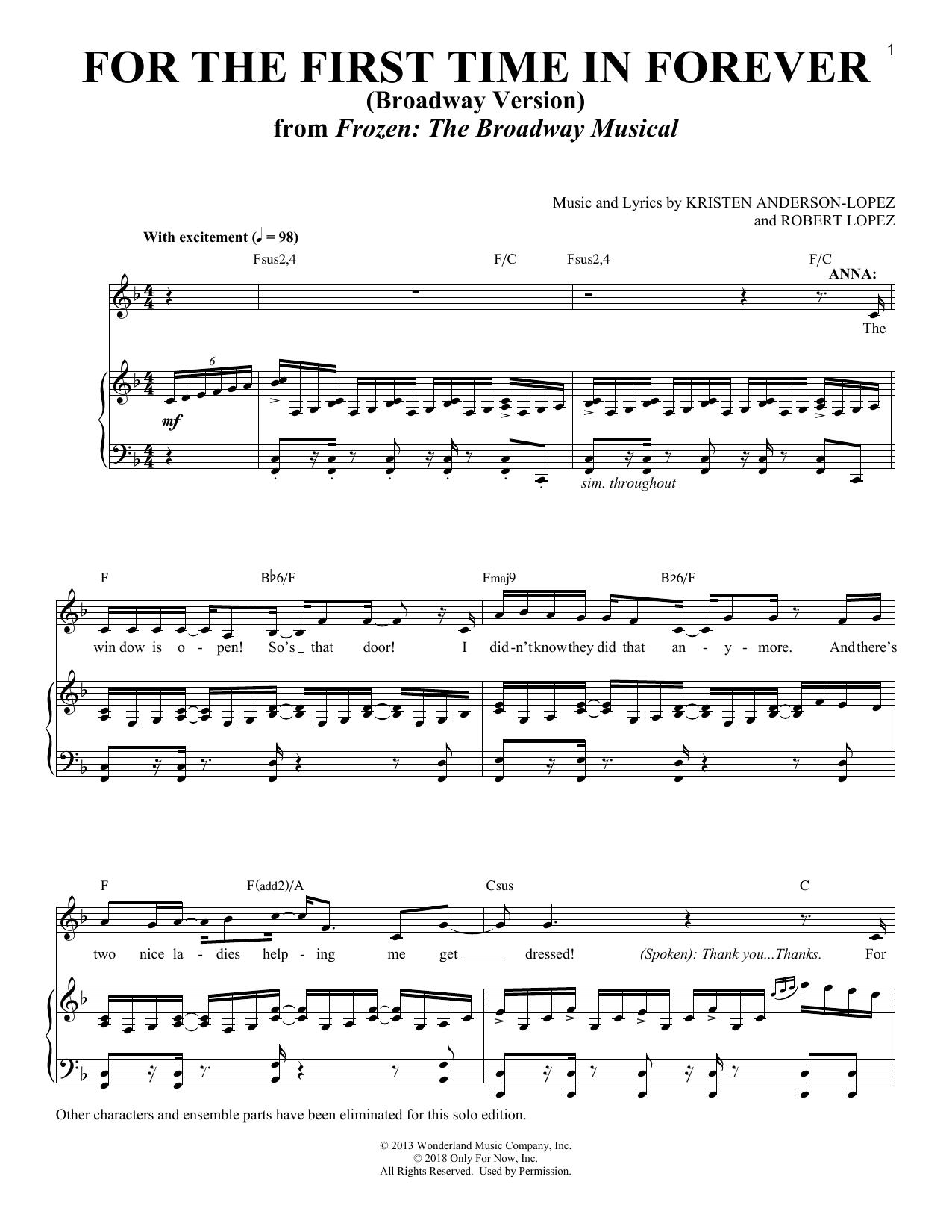 Kristen Anderson-Lopez & Robert Lopez For The First Time In Forever [Solo version] (from Frozen: The Broadway Musical) sheet music notes and chords. Download Printable PDF.