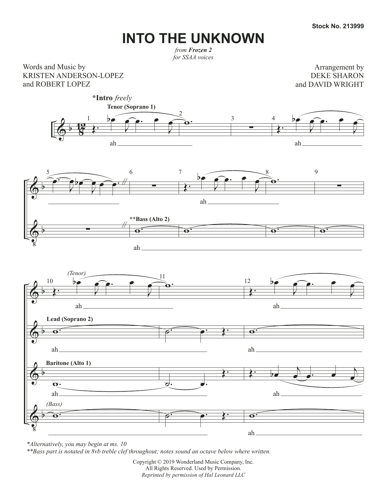 Kristen Anderson-Lopez & Robert Lopez Into the Unknown (from Frozen 2) (arr. Deke Sharon & David Wright) sheet music notes and chords. Download Printable PDF.