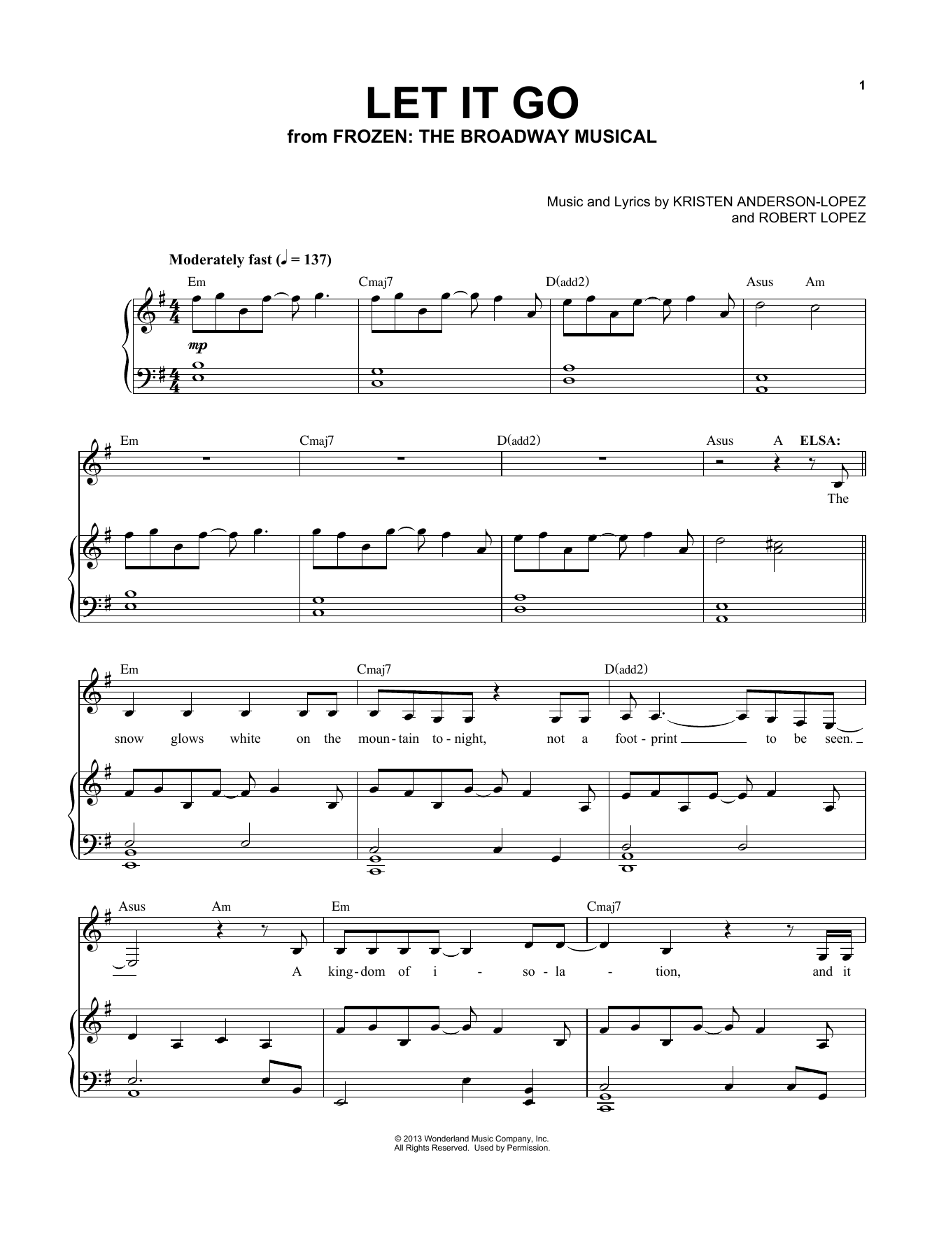 Kristen Anderson-Lopez & Robert Lopez Let It Go (from Frozen) sheet music notes and chords. Download Printable PDF.