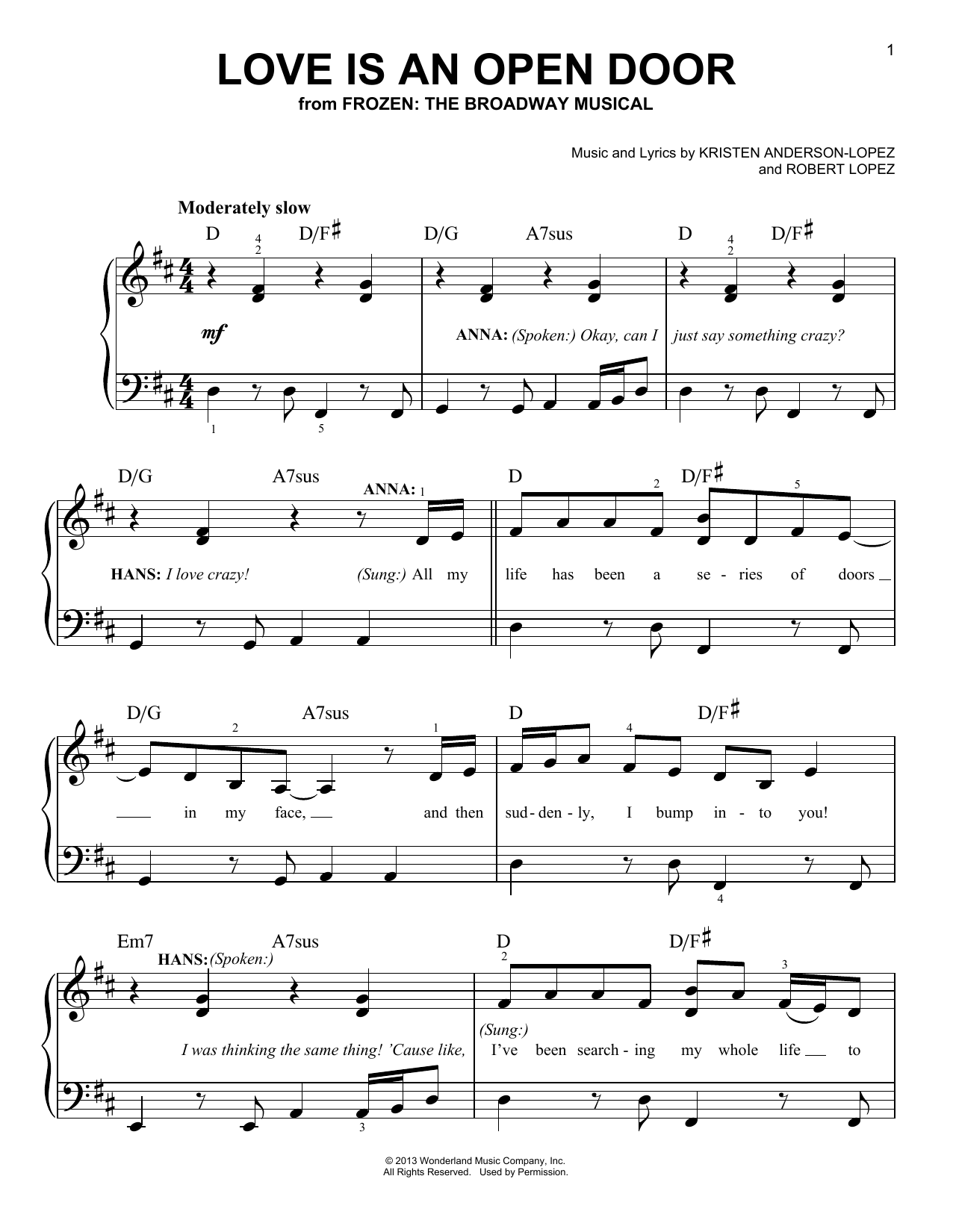 Kristen Anderson-Lopez & Robert Lopez Love Is An Open Door (from Frozen: The Broadway Musical) sheet music notes and chords. Download Printable PDF.