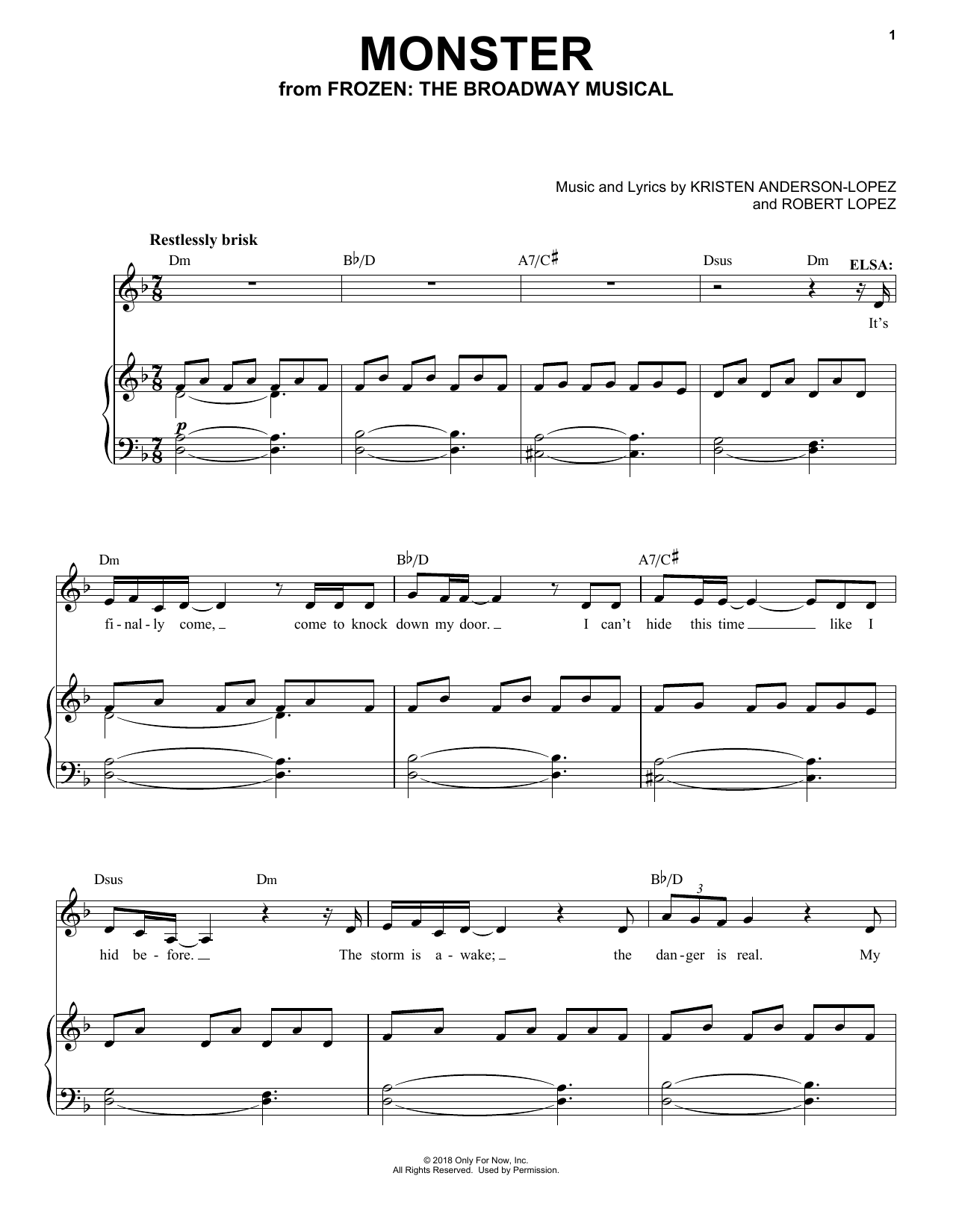 Kristen Anderson-Lopez & Robert Lopez Monster (from Frozen: The Broadway Musical) sheet music notes and chords. Download Printable PDF.