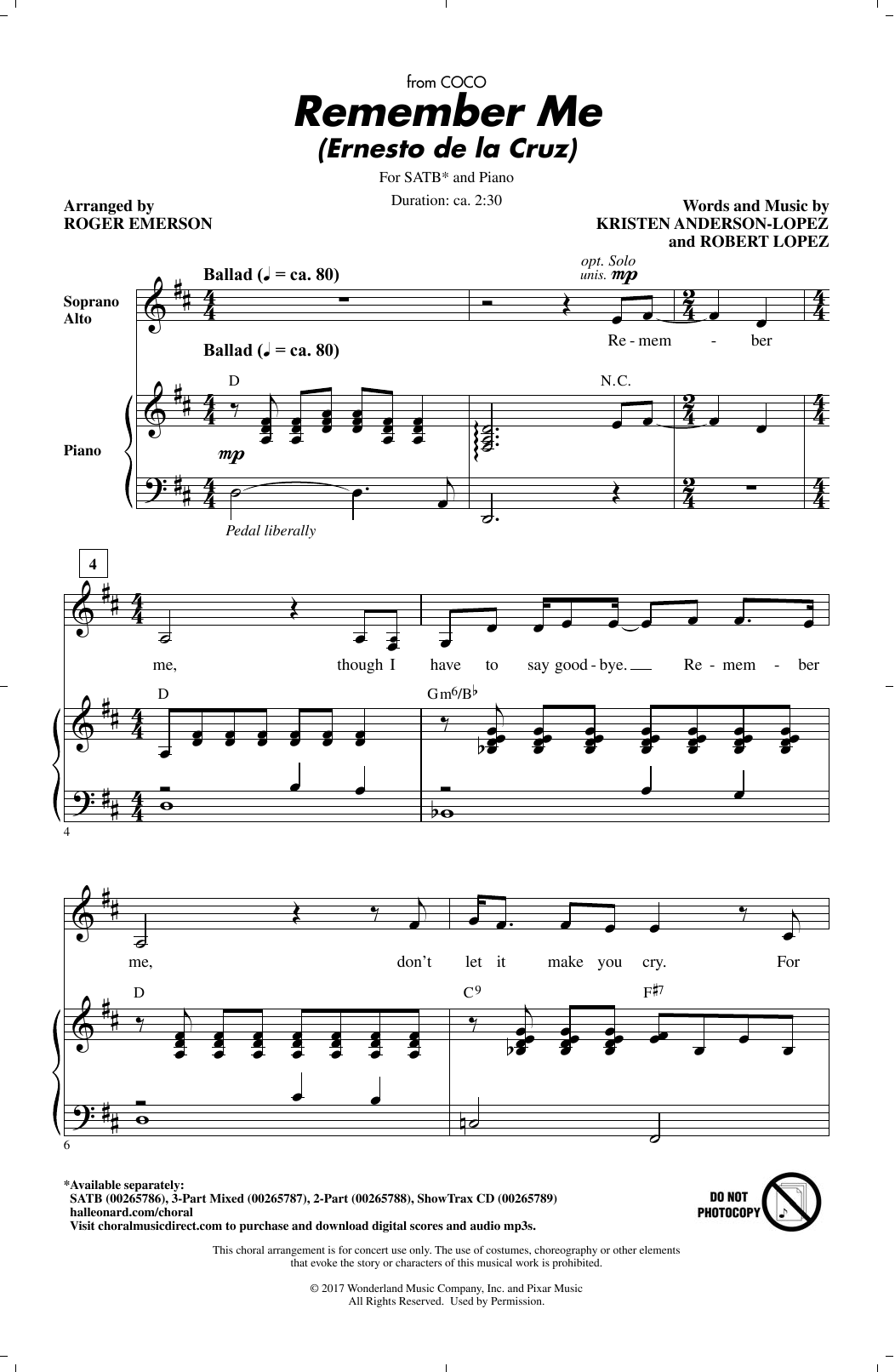 Kristen Anderson-Lopez & Robert Lopez Remember Me (Ernesto de la Cruz) (from Coco) (arr. Roger Emerson) sheet music notes and chords. Download Printable PDF.