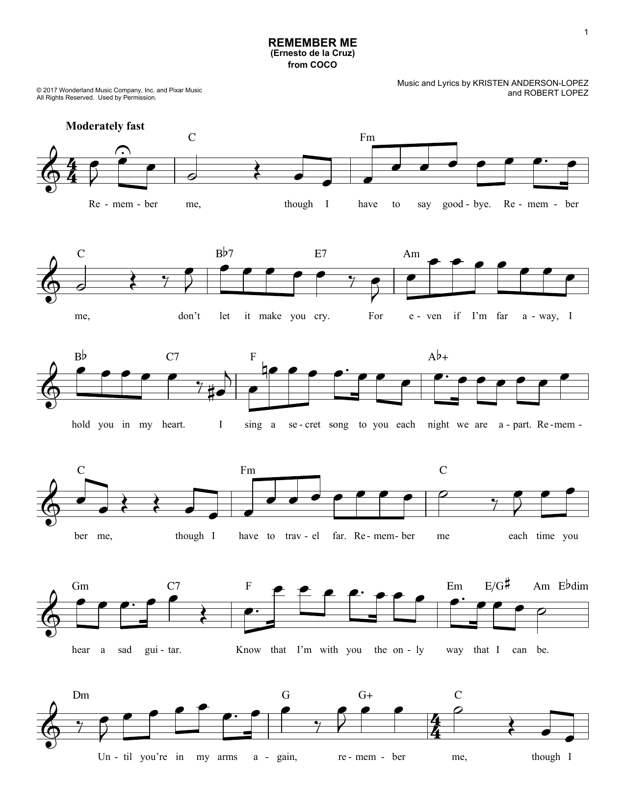 Kristen Anderson-Lopez & Robert Lopez Remember Me (Ernesto de la Cruz) (from Coco) sheet music notes and chords. Download Printable PDF.