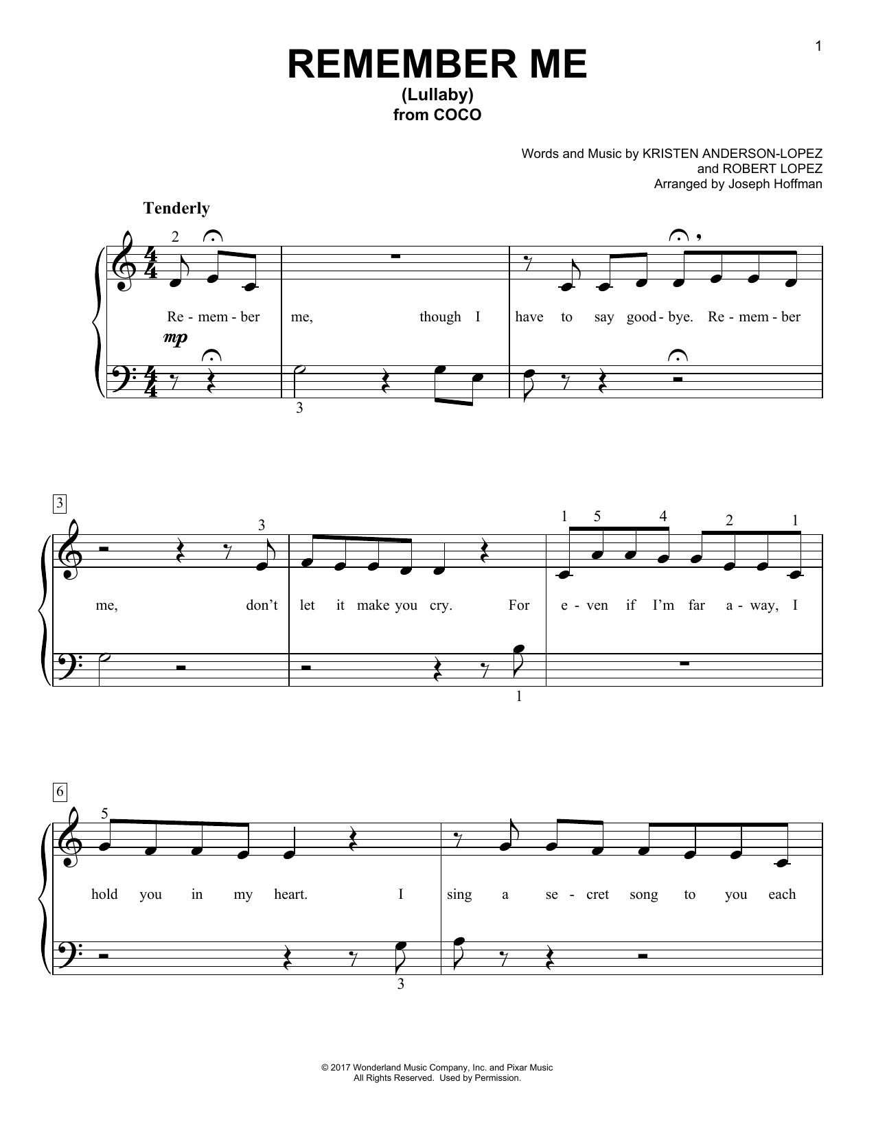 Kristen Anderson-Lopez & Robert Lopez Remember Me (Lullaby) (from Coco) (arr. Joseph Hoffman) sheet music notes and chords. Download Printable PDF.