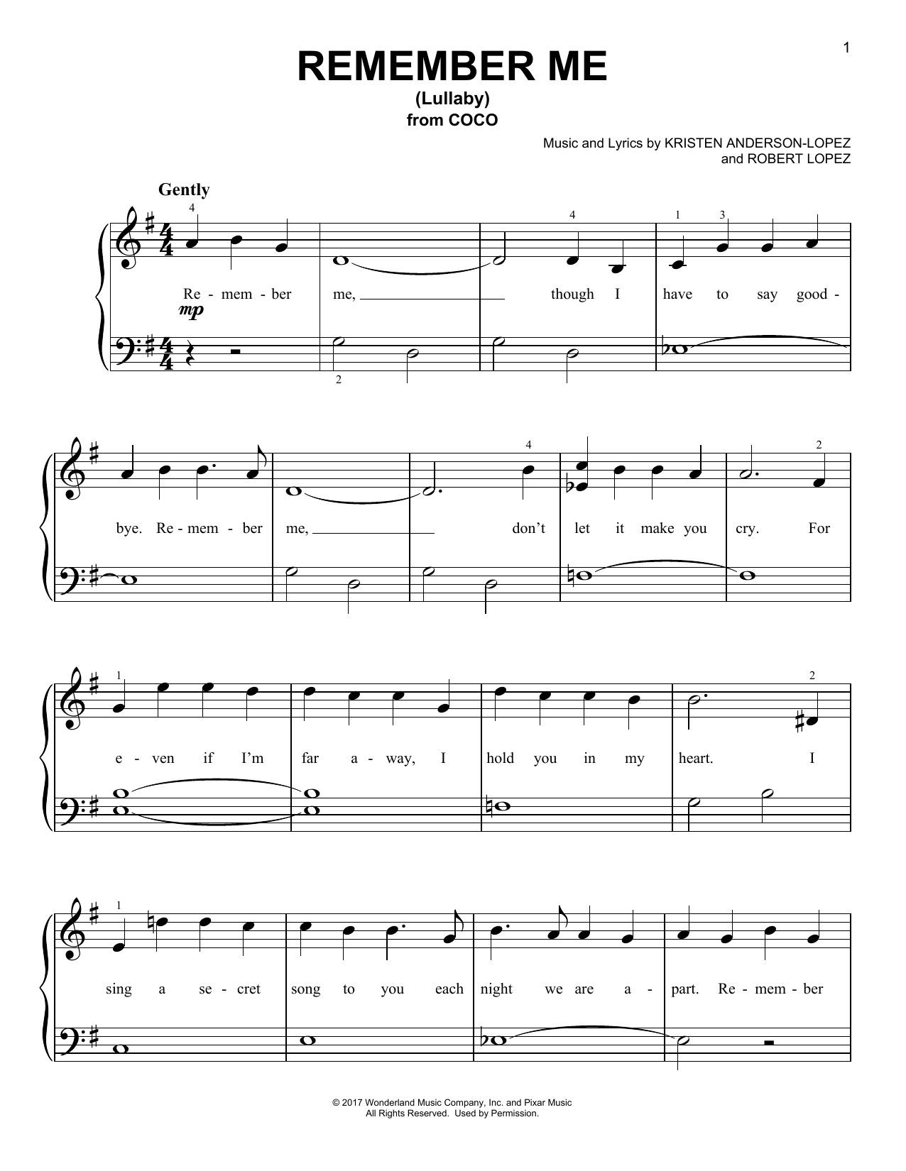 Kristen Anderson-Lopez & Robert Lopez Remember Me (Lullaby) (from Coco) sheet music notes and chords. Download Printable PDF.