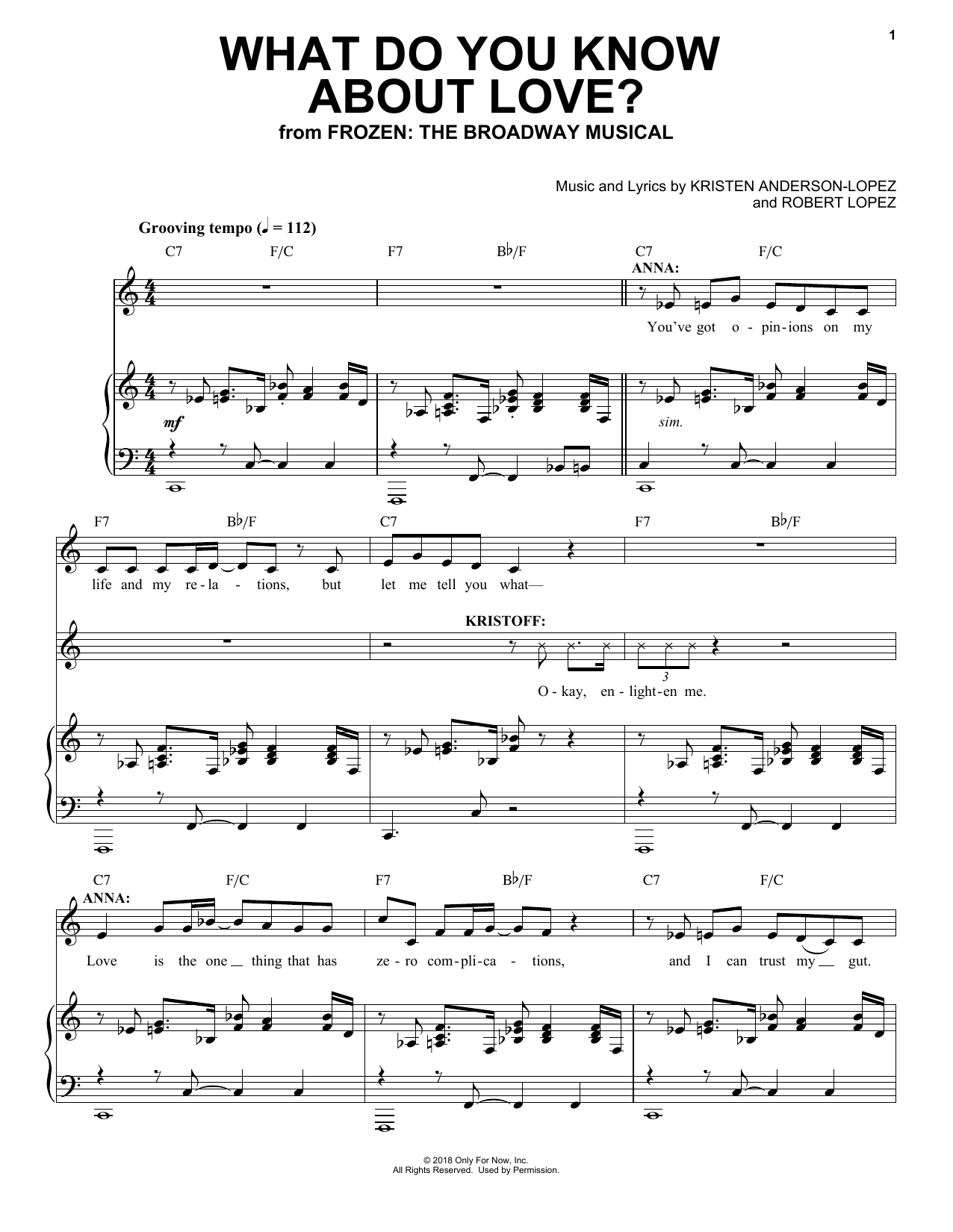 Kristen Anderson-Lopez & Robert Lopez What Do You Know About Love? (from Frozen: the Broadway Musical) sheet music notes and chords. Download Printable PDF.