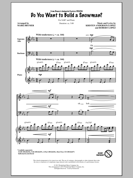 Kristen Bell, Agatha Lee Monn & Katie Lopez Do You Want To Build A Snowman? (from Disney's Frozen) (arr. Mark Brymer) sheet music notes and chords. Download Printable PDF.