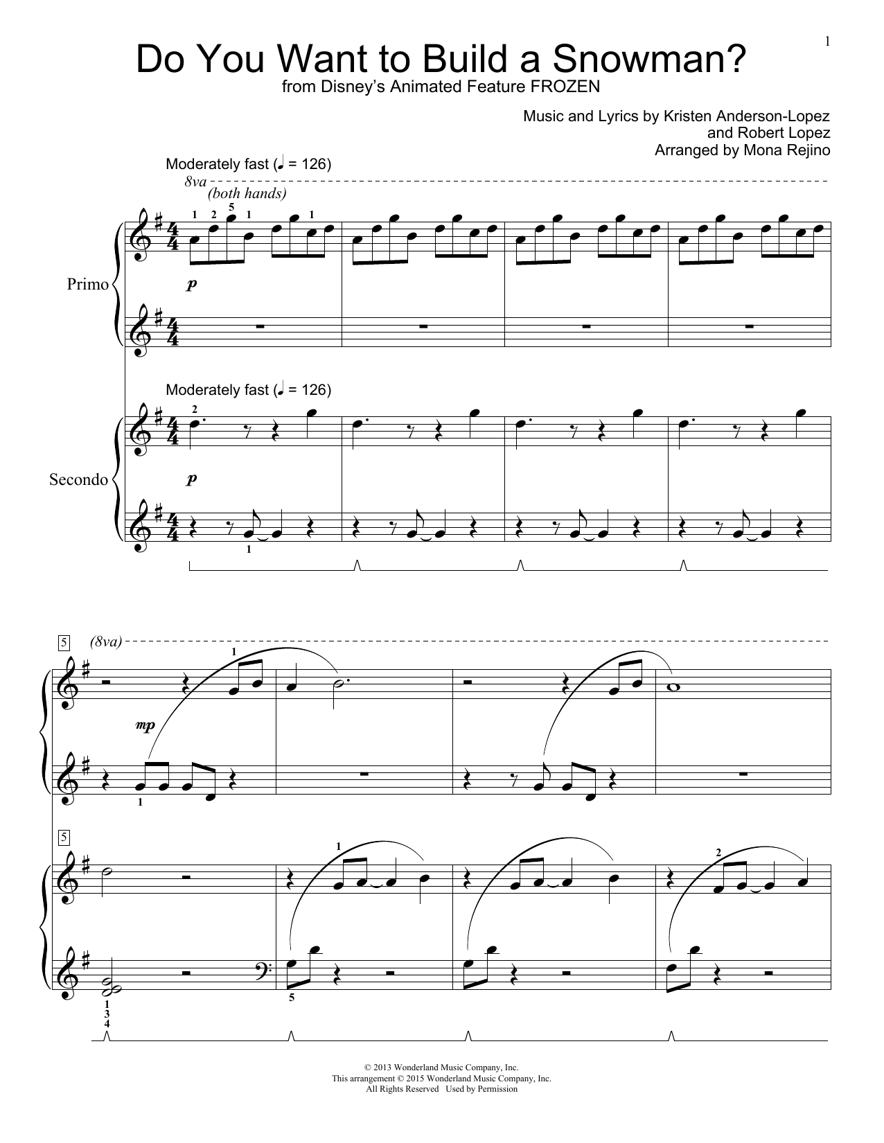 Learn to play Kristen Bell, Agatha Lee Monn & Katie Lopez Do You Want To Build A Snowman? (from Disney's Frozen) (arr. Mona Rejino) sheet music for Piano Duet in minutes. Price: 7.8900$ Kristen Bell, Agatha Lee Monn & Katie Lopez Do You Want To Build A Snowman? (from Disney's Frozen) (arr. Mona Rejino) sheet music notes and chords arranged for Piano Duet