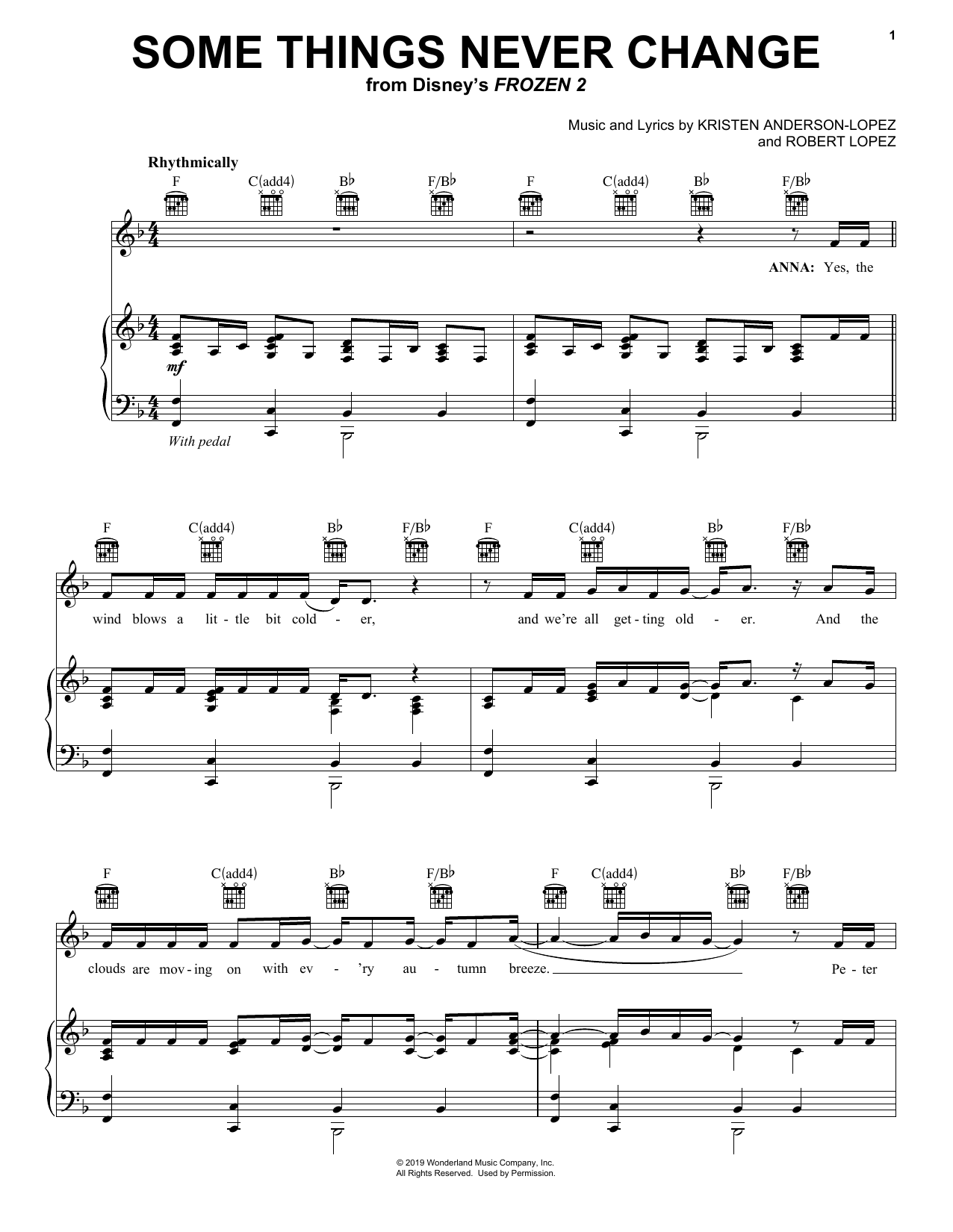 Kristen Bell, Idina Menzel and Cast of Frozen 2 Some Things Never Change (from Disney's Frozen 2) sheet music notes and chords. Download Printable PDF.