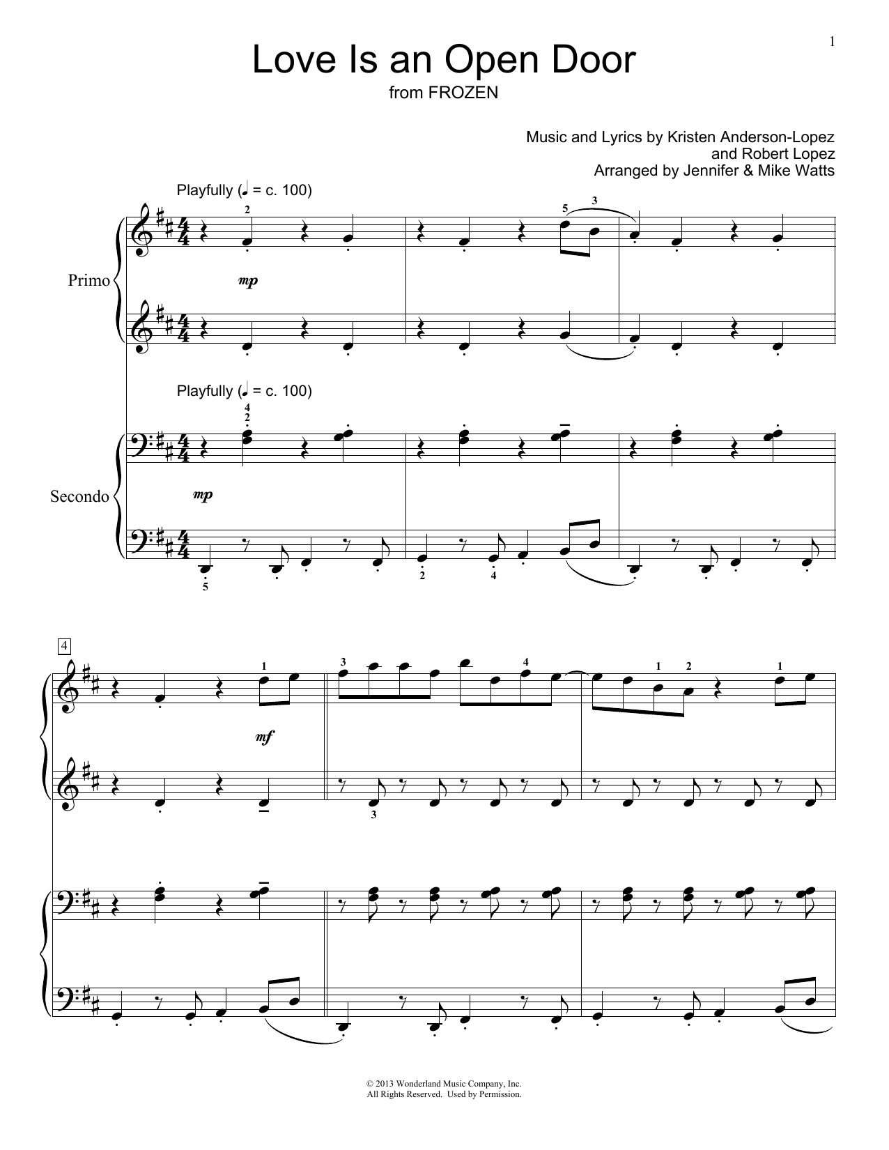 Learn to play Kristen Bell & Santino Fontana Love Is An Open Door (from Disney's Frozen) (arr. Jennifer and Mike Watts) sheet music for Piano Duet in minutes. Price: 7.8900$ Kristen Bell & Santino Fontana Love Is An Open Door (from Disney's Frozen) (arr. Jennifer and Mike Watts) sheet music notes and chords arranged for Piano Duet