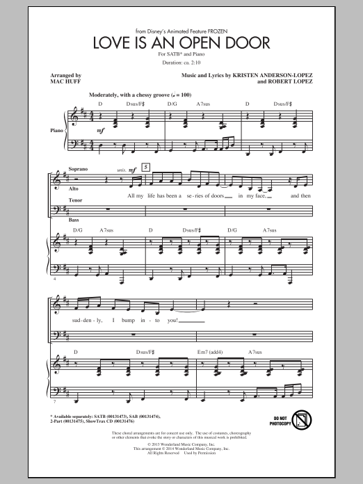 Kristen Bell & Santino Fontana Love Is An Open Door (from Disney's Frozen) (arr. Mac Huff) sheet music notes and chords. Download Printable PDF.