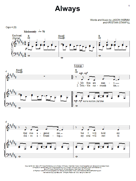 Learn to play Kristian Stanfill Always sheet music for Piano, Vocal & Guitar Chords (Right-Hand Melody) in minutes. Price: 7.8900$ Kristian Stanfill Always sheet music notes and chords arranged for Piano, Vocal & Guitar Chords (Right-Hand Melody)