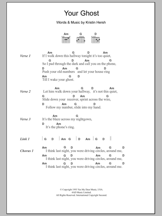 Kristin Hersh Your Ghost sheet music notes and chords. Download Printable PDF.