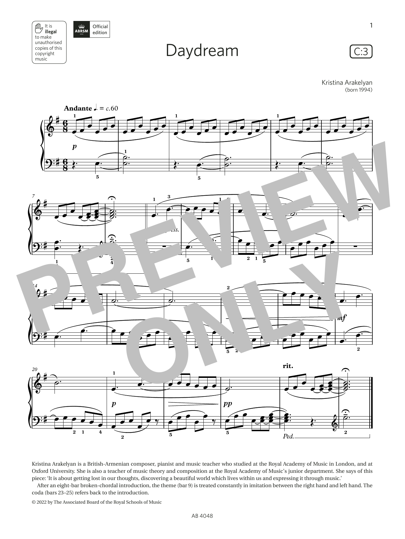 Kristina Arakelyan Daydream (Grade 2, list C3, from the ABRSM Piano Syllabus 2023 & 2024) sheet music notes and chords. Download Printable PDF.