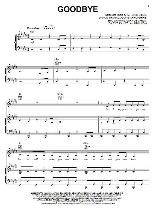 Learn to play Kristinia DeBarge Goodbye sheet music for Piano, Vocal & Guitar Chords (Right-Hand Melody) in minutes. Price: 7.8900$ Kristinia DeBarge Goodbye sheet music notes and chords arranged for Piano, Vocal & Guitar Chords (Right-Hand Melody)