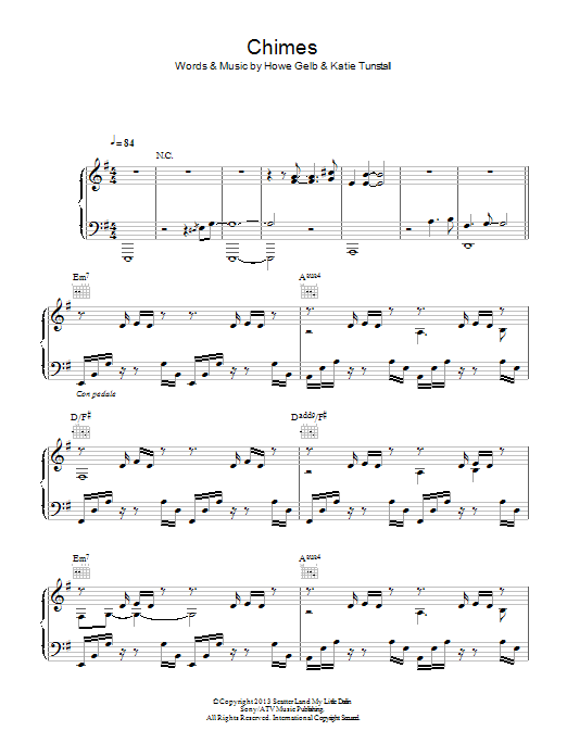 Learn to play KT Tunstall Chimes sheet music for Piano, Vocal & Guitar Chords in minutes. Price: 7.8900$ KT Tunstall Chimes sheet music notes and chords arranged for Piano, Vocal & Guitar Chords