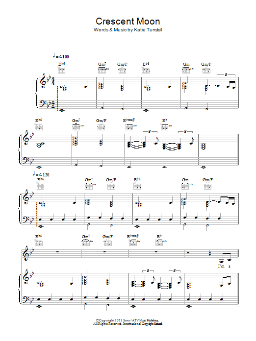Learn to play KT Tunstall Crescent Moon sheet music for Piano, Vocal & Guitar Chords in minutes. Price: 7.8900$ KT Tunstall Crescent Moon sheet music notes and chords arranged for Piano, Vocal & Guitar Chords
