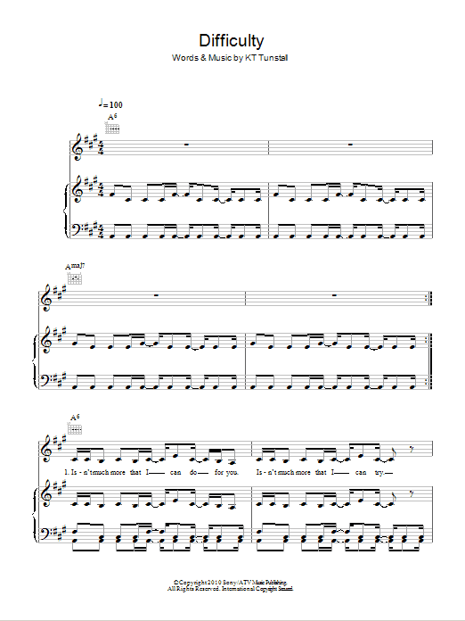 Learn to play KT Tunstall Difficulty sheet music for Piano, Vocal & Guitar Chords in minutes. Price: 7.8900$ KT Tunstall Difficulty sheet music notes and chords arranged for Piano, Vocal & Guitar Chords