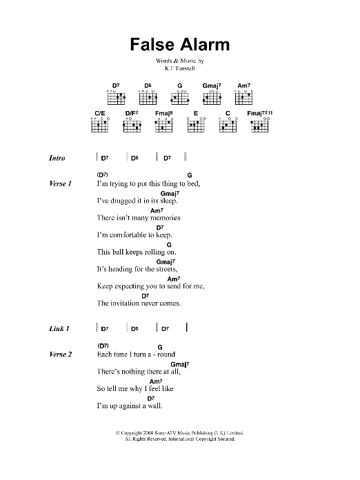 KT Tunstall False Alarm sheet music notes and chords. Download Printable PDF.